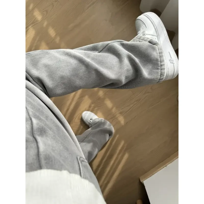 时尚水泥灰微喇牛仔裤男春季新款潮牌高街窄版直筒裤子男生休闲裤