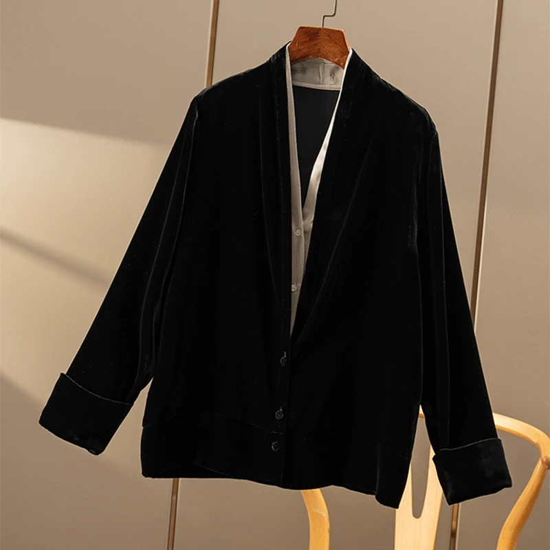 春天家 低调隐奢 法G轻奢丝绒拼缎假两件V领外套女1W69