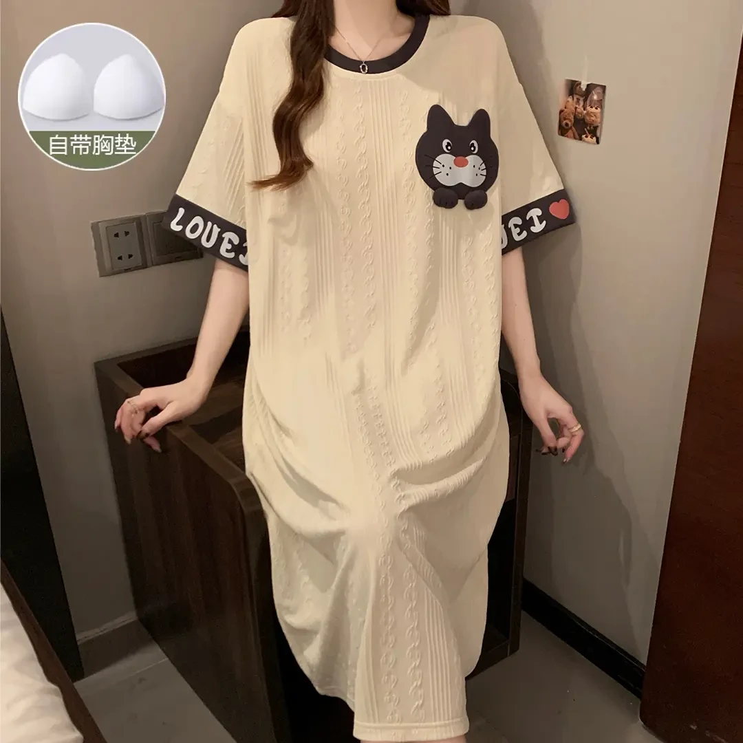 夏季带胸垫短袖睡裙卡通可爱韩版宽松女士睡裙中长款可外穿家居服