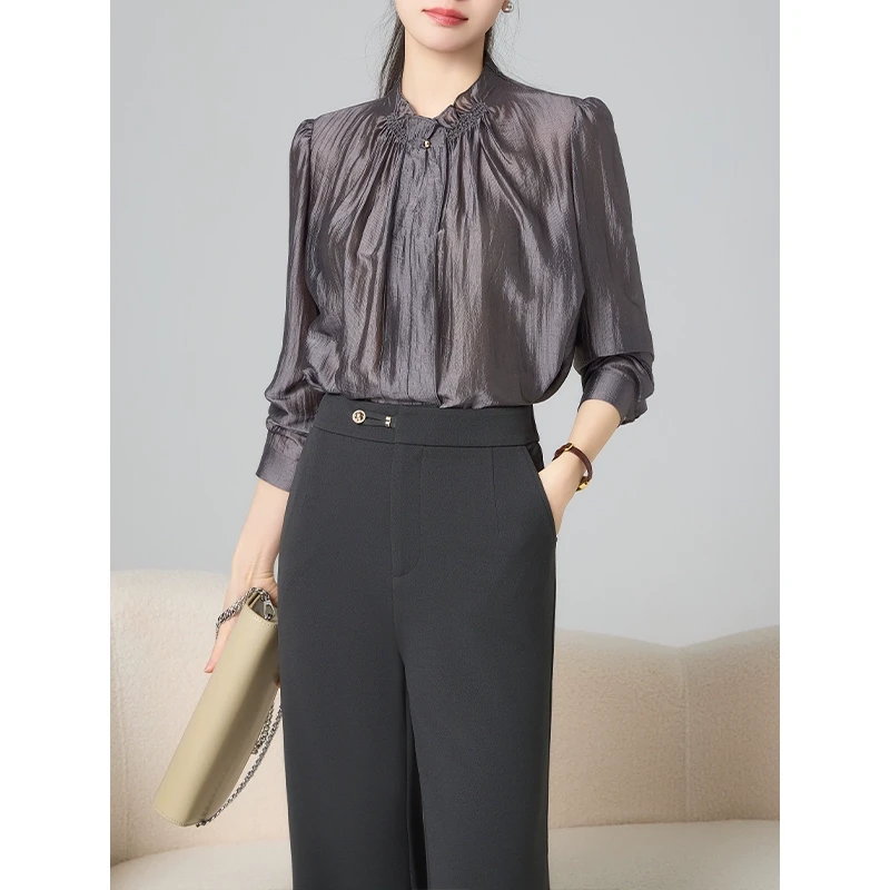 老敏哥 【鎏金时光】荷叶领精致优雅气质醋酸上衣S01036676