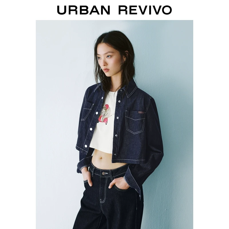 UR2025春季新品女装欧若风复古水洗明线短款牛仔衬衫UYU850012