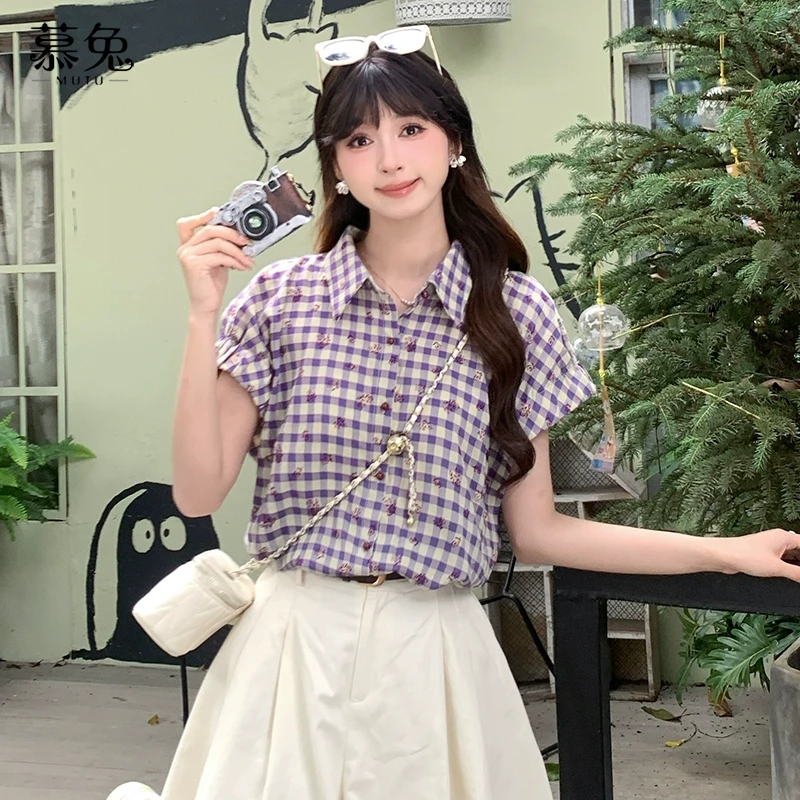 慕兔复古格子碎花短袖衬衫女2025夏季新款设计感小众宽松显瘦上衣