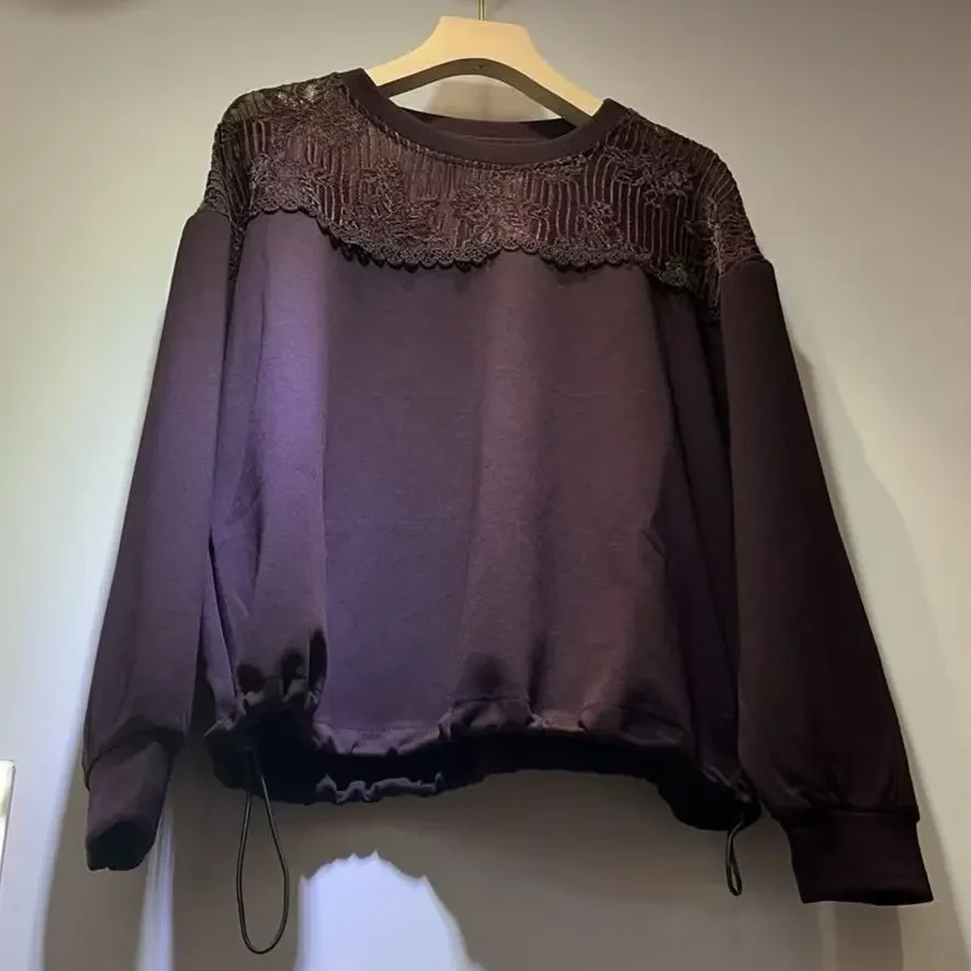 【靓亦菲梵】优选休闲卫衣女拼接木耳边夹丝网套头下摆抽绳卫衣