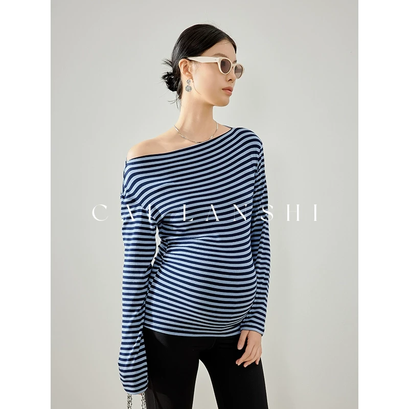 彩蓝诗孕妇T恤长袖春秋款外穿2025新款条纹一字肩打底衫春装50159