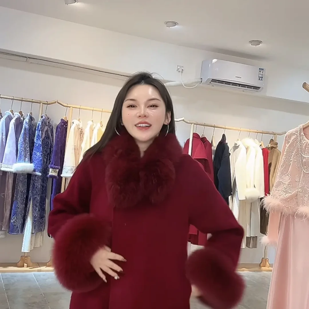 秋冬气质可拆卸毛领双面长款羊毛大衣外套