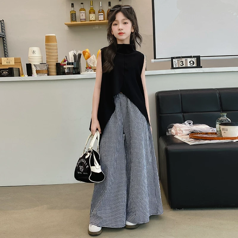 女童夏装裙裤套装2025新款儿童韩版格子阔腿裤网红无袖洋气两件套