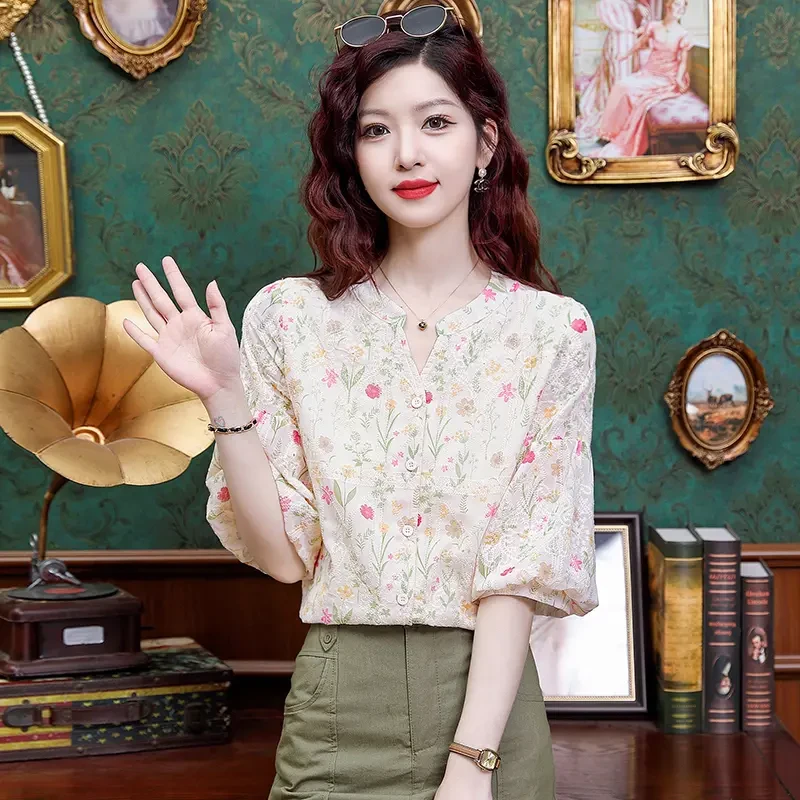 伊甸花园港风复古重工刺绣衬衫女夏季宽松设计感上衣碎花衬衣小衫