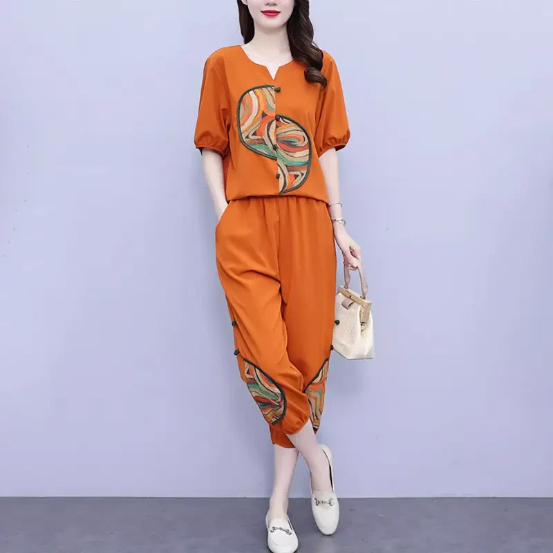 YX#两件套洋气短袖时尚套装女装2025夏季新款休闲灯笼裤DY8254