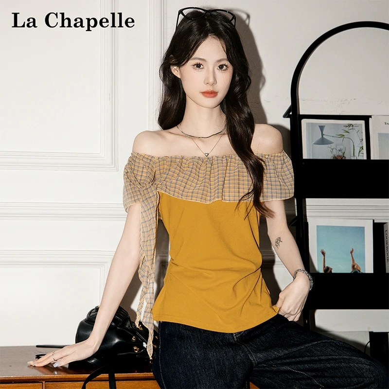 拉夏贝尔设计感拼接格子飘带一字肩短袖T恤女2025夏季新露肩上衣