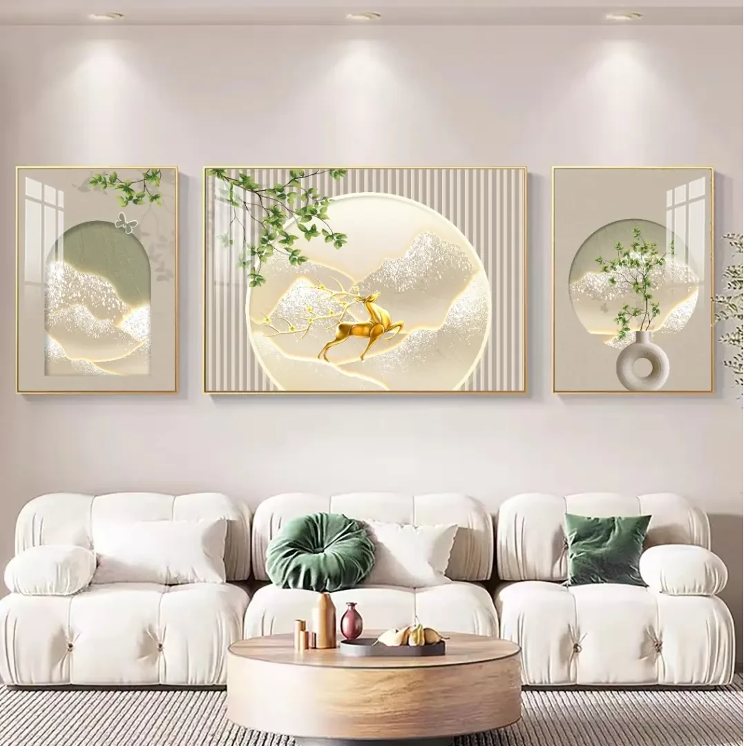 松轩【鹿鸣山川】高档大气客厅画装饰画客厅镶钻画沙发背景画