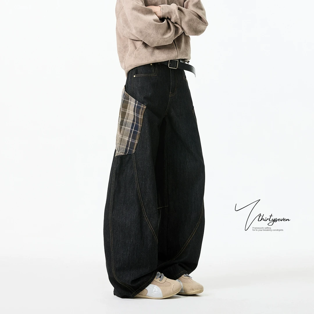 V37不规则解构裤子男士秋冬季美式vintage撞色格子拼接弯休闲裤