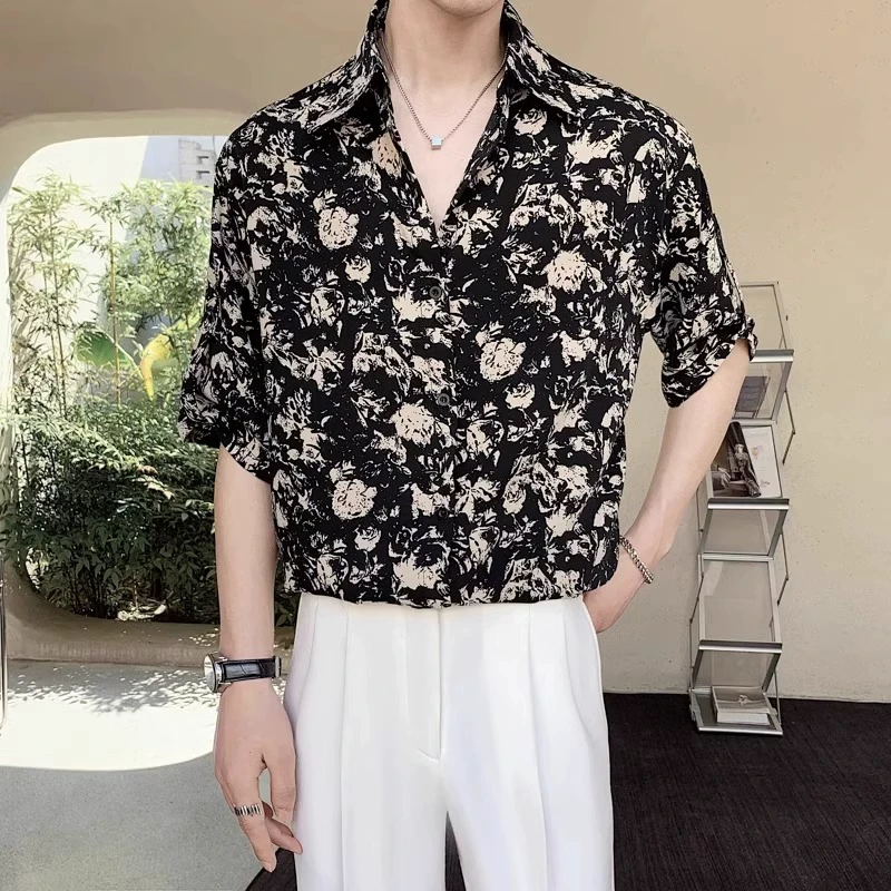 啄木鸟夏季冰丝垂坠感高端花衬衫短袖男痞帅高级感日韩风格轻奢衬