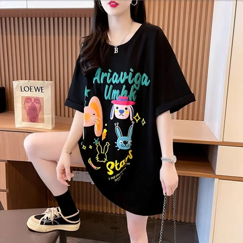 时髦洋气百搭纯棉黑色夏季休闲宽松大码短袖T恤2024炸街潮牌女T恤