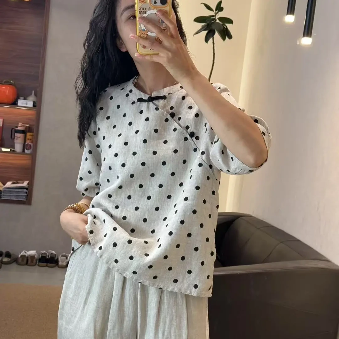 1343-圆领亚麻文艺风常规波点常规袖五分袖衬衫