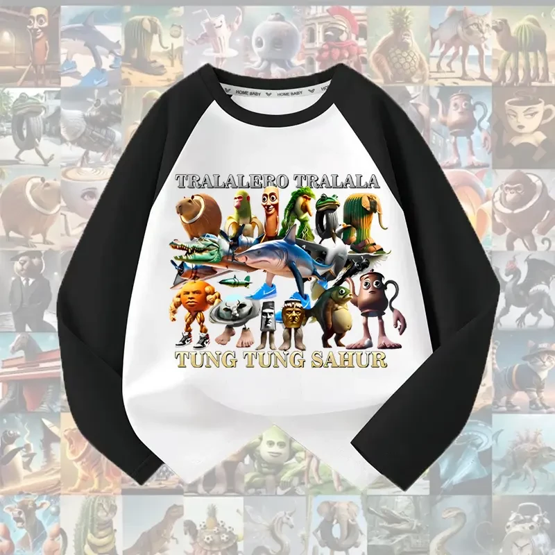 2025国外山海经新款T恤儿童春秋纯棉插肩长袖潮牌童装打底衫上衣