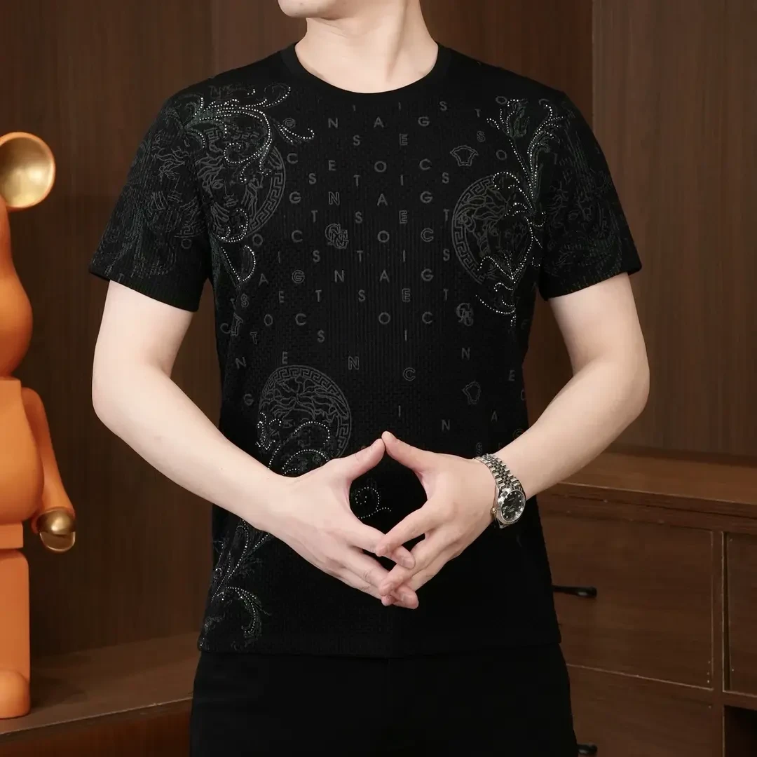 2025夏季男士圆领T恤上衣短袖字母印花轻奢高品质烫钻时尚