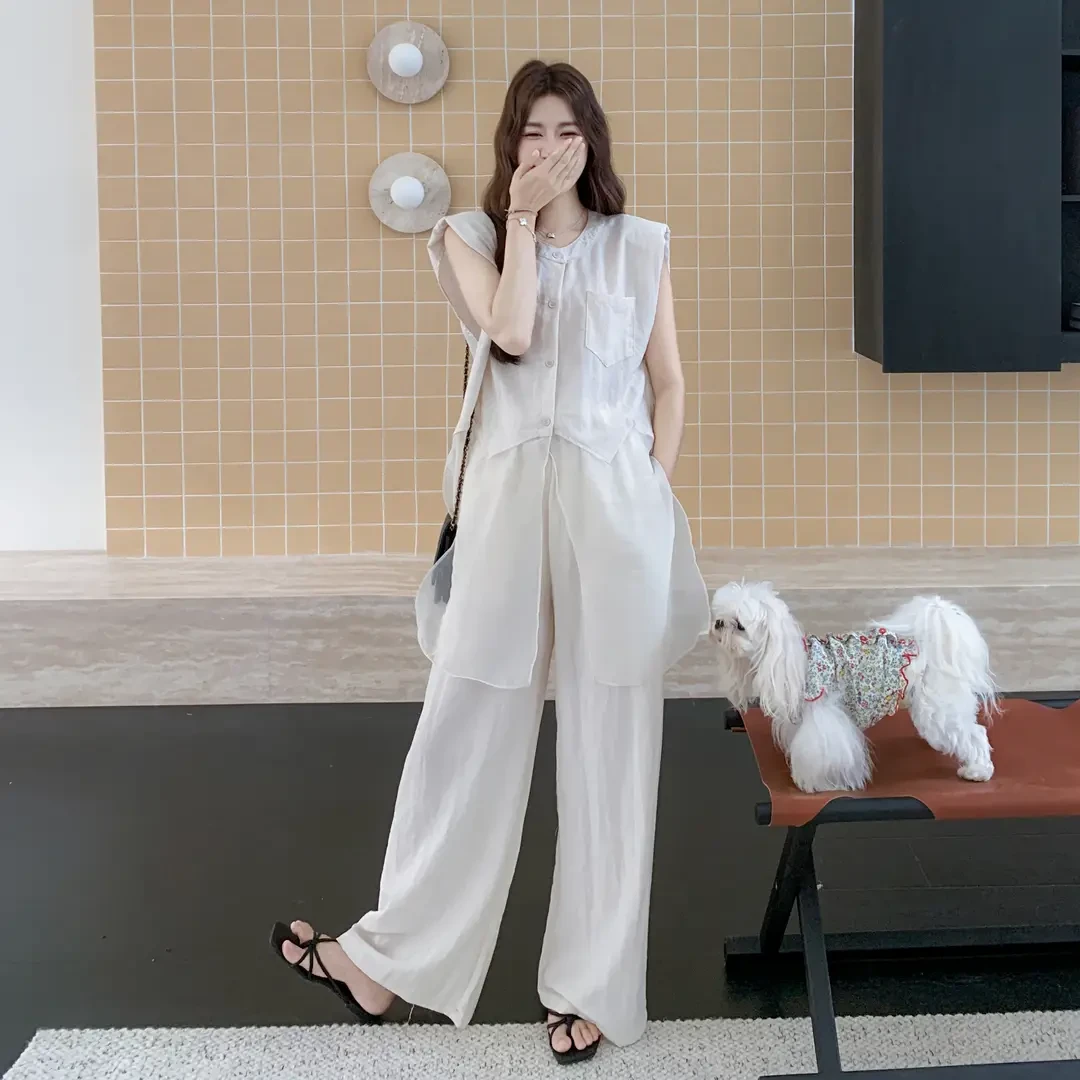 韩系简约气质套装2025夏季新款网纱拼接上衣休闲时尚阔腿裤两件套