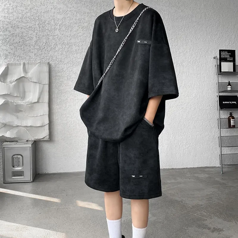 夏季套装男小众设计感扎染七分袖T恤短裤潮流酷帅穿搭男装两件套