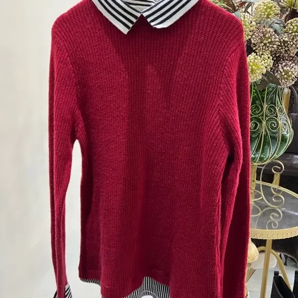 秋冬新款假两件条纹拼接长袖羊毛针织衫女