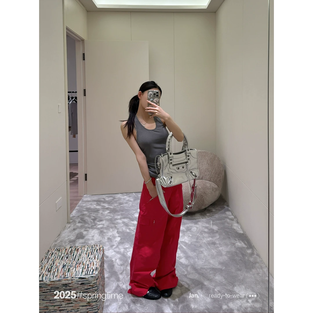 SUNONEONE 红色阔腿休闲裤女春秋宽松直筒美式显瘦工装裤子H0817K