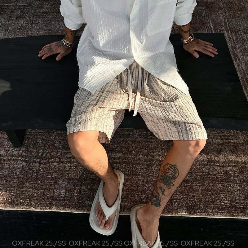 OXFREAK「混色肌理提花」老钱风褶皱短裤男薄款宽松直筒过膝中裤