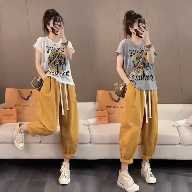 韩版印花竹节棉t恤上衣时尚套装女春季新款宽松棉休闲裤两件套
