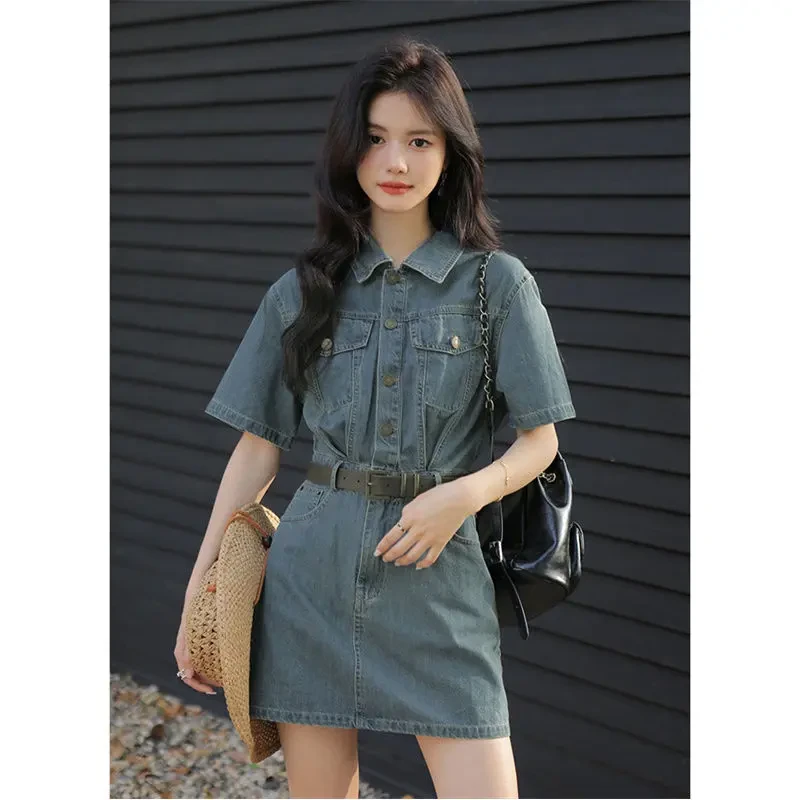 港味复古牛仔连衣裙女2025年春夏新款一整套搭配小个子牛仔连体裙