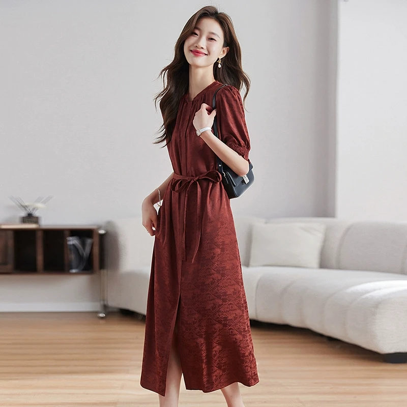 安克拉红气质休闲连衣裙夏季2025新款十三行爆款品牌高贵妈妈礼服