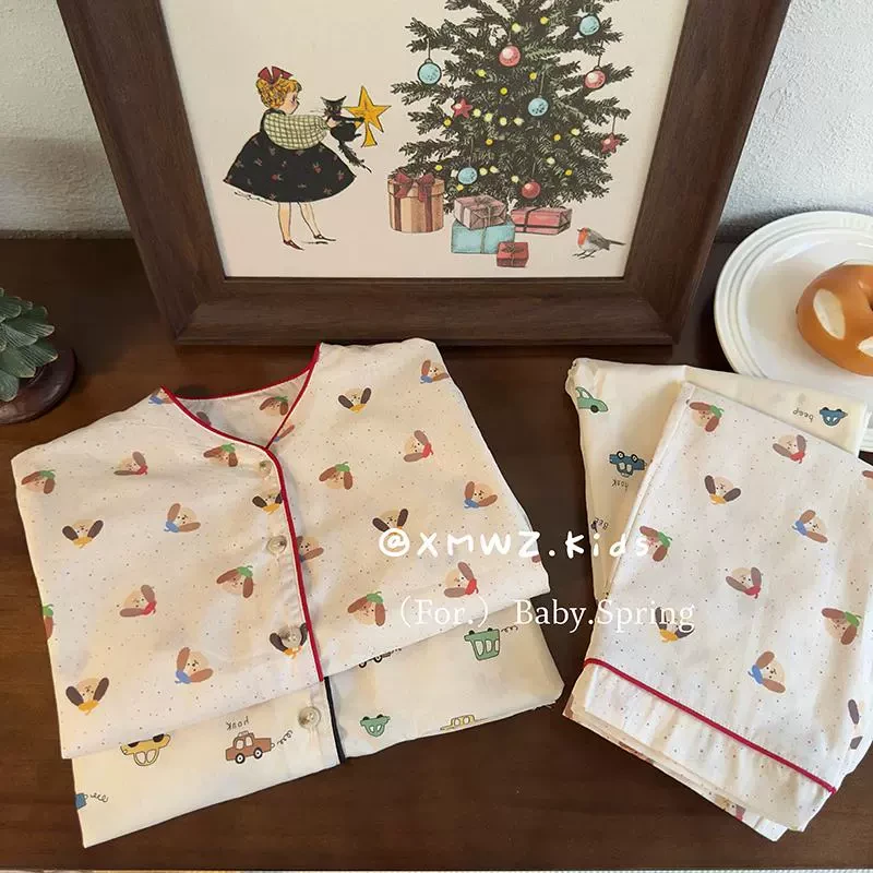 儿童家居服2025春夏新款全棉睡衣套装宝宝卡通长袖长裤两件套童装