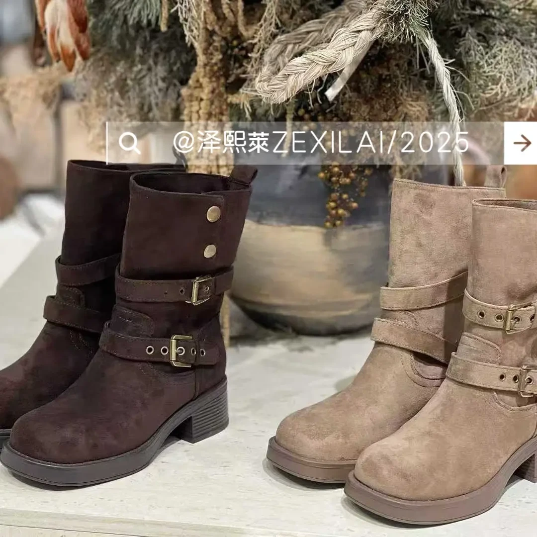 美拉德复古方头粗跟短靴女秋冬新款百搭瘦瘦堆堆马丁靴