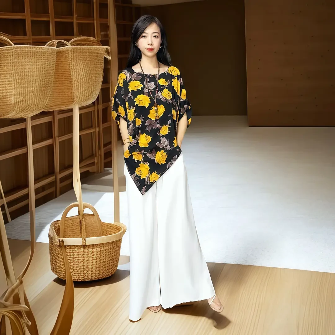 气质夏季雪纺衫休闲洋气时尚宽松设计师轻奢优雅上衣5044（黄花）
