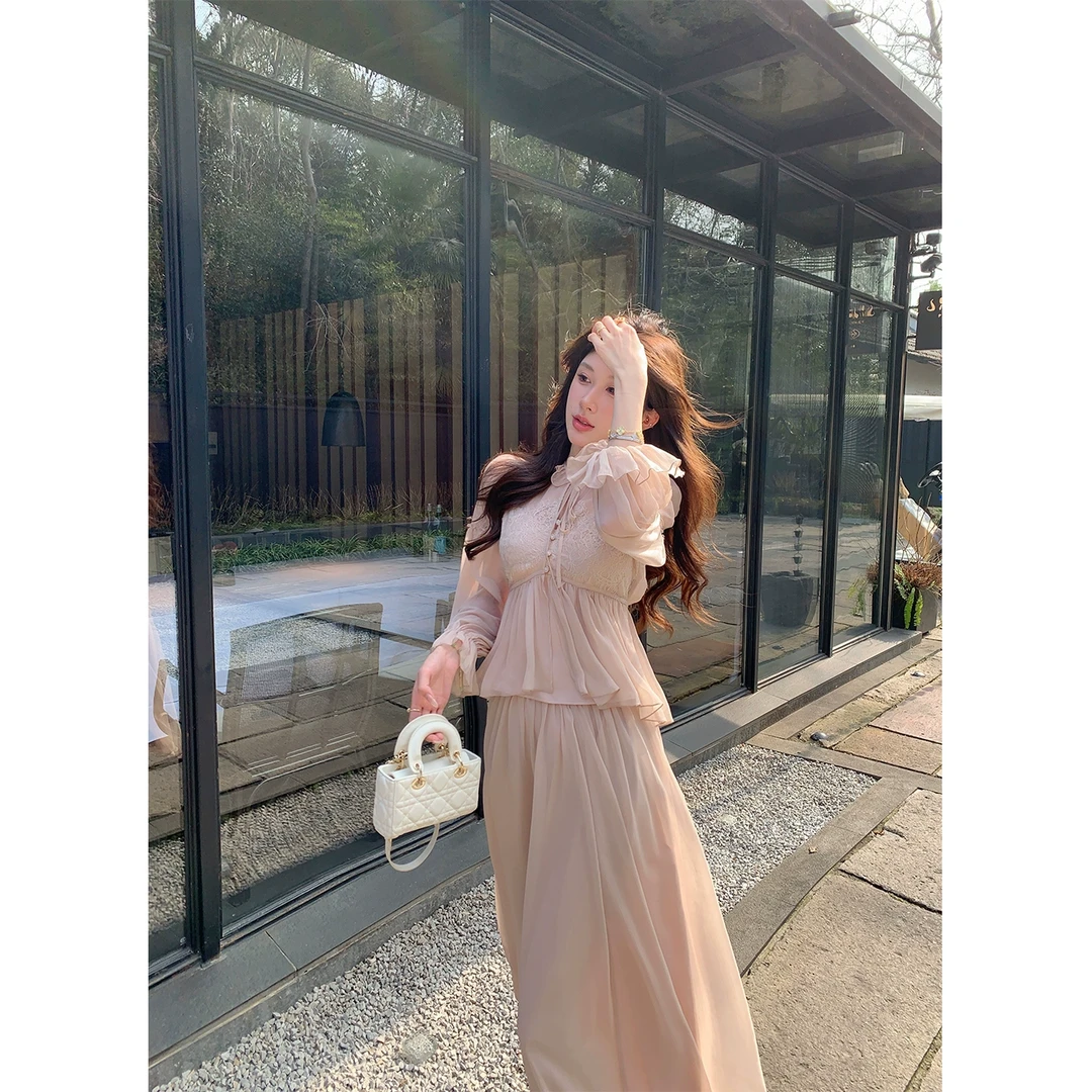 NMIOK QC清仓专场粉色雪纺衬衫上衣+半身裙两件套NML7C001