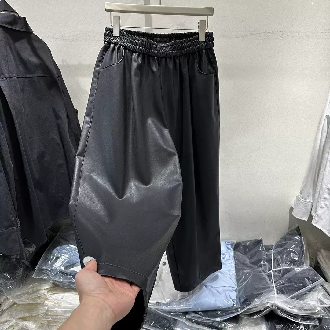 pu皮阔腿裤女2025春新款韩版宽松百搭松紧腰网红小个子八分山本裤