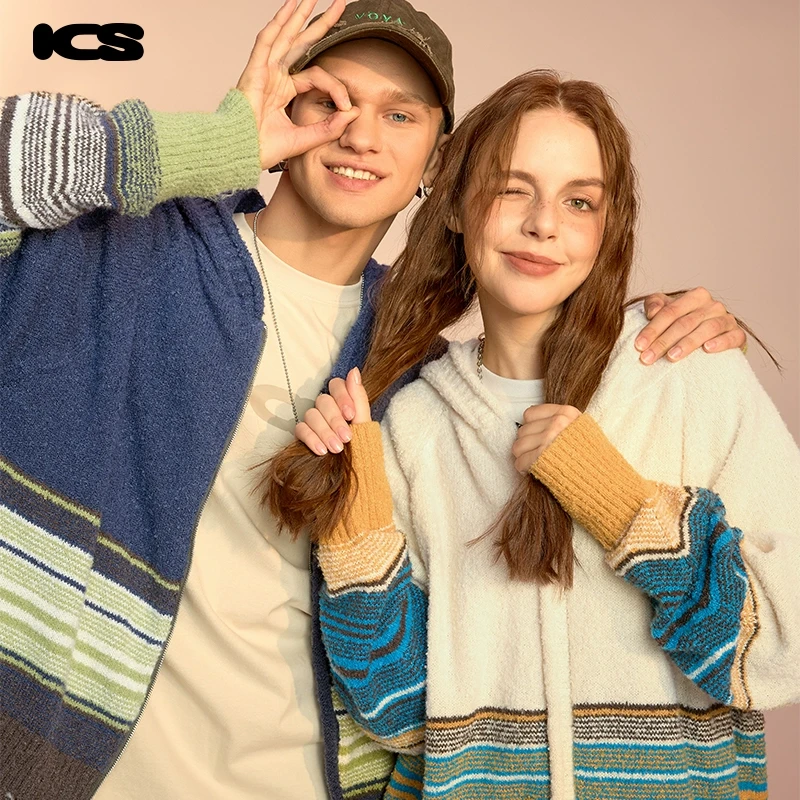 iconslab多巴胺破坏毛边流苏拉链开衫毛衣情侣美式休闲连帽针织衫