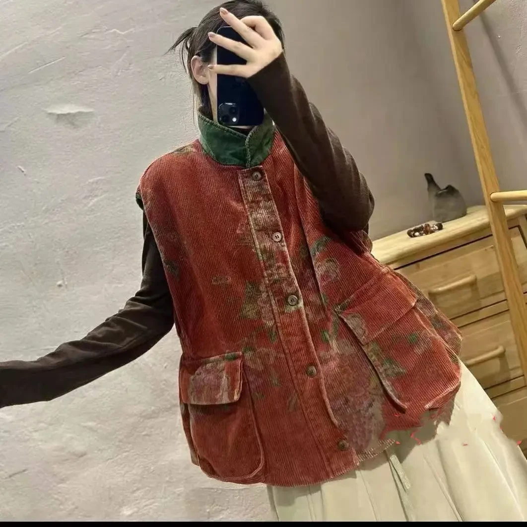 秋冬新款双层夹棉灯芯绒花色马甲复古坎肩 长63 胸围126