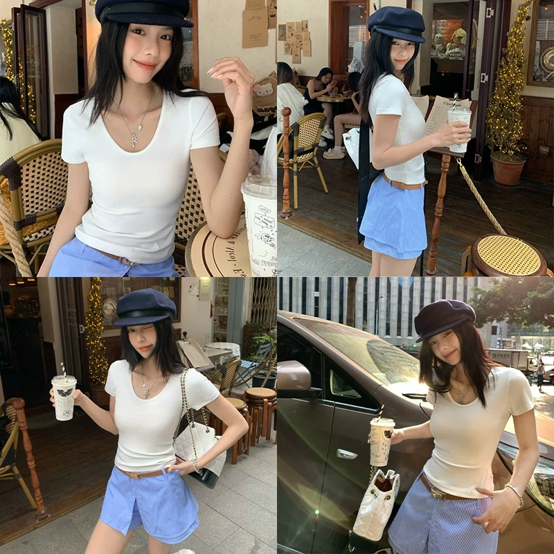 韩一禾U领正肩短袖t恤女2025新款夏季韩系内搭低圆领打底白色上衣
