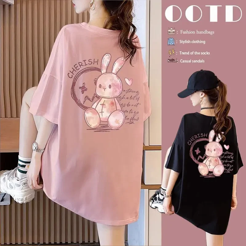 大码胖mm纯棉短袖t恤女新款宽松显瘦中长款夏季洋气上衣印花