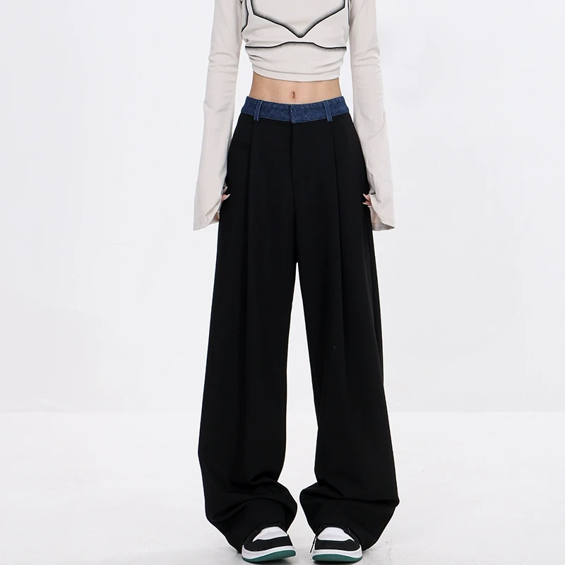 【秋季五折】KEN STUDIO直筒西装裤女牛仔拼接设计休闲裤阔腿裤裤子