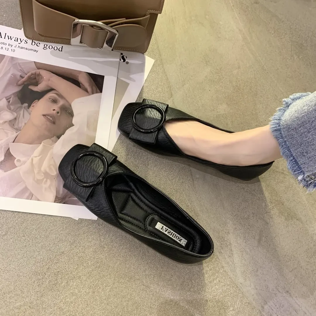 豆豆鞋女2025春秋新款浅口方头单鞋软底百搭黑色工作鞋上班平底鞋