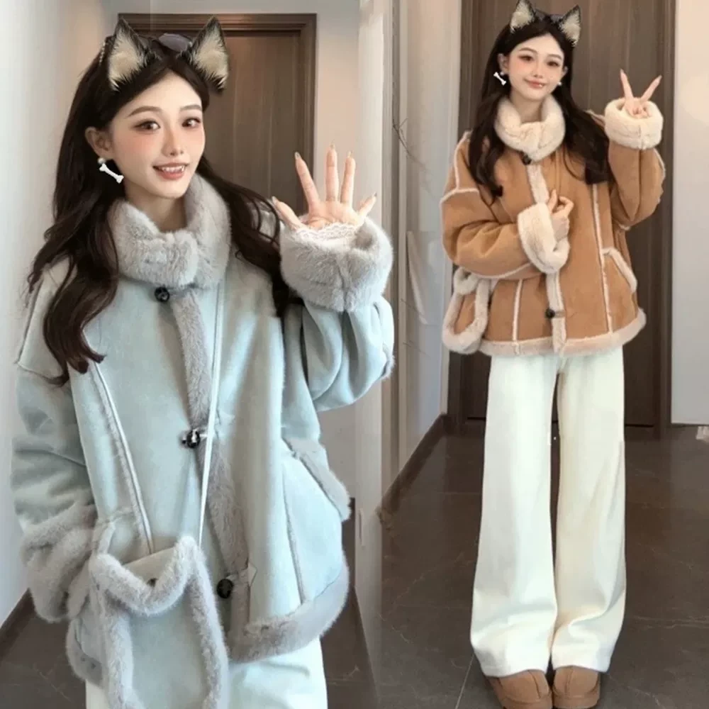 翻领毛毛外套女短款2024新款秋冬韩版宽松机车服加厚皮毛一体上衣