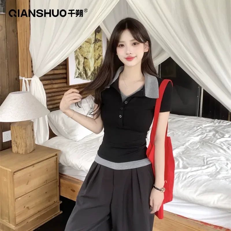 千朔新款韩系polo衫假两件翻领短袖T恤夏季女装兔纯希大码女装