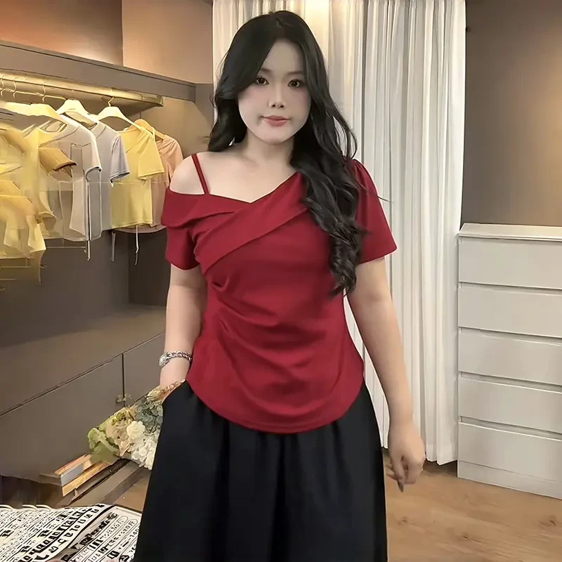 大码女胖mm纯欲风设计感斜领吊带别致短袖T恤2025夏遮肉显瘦上衣