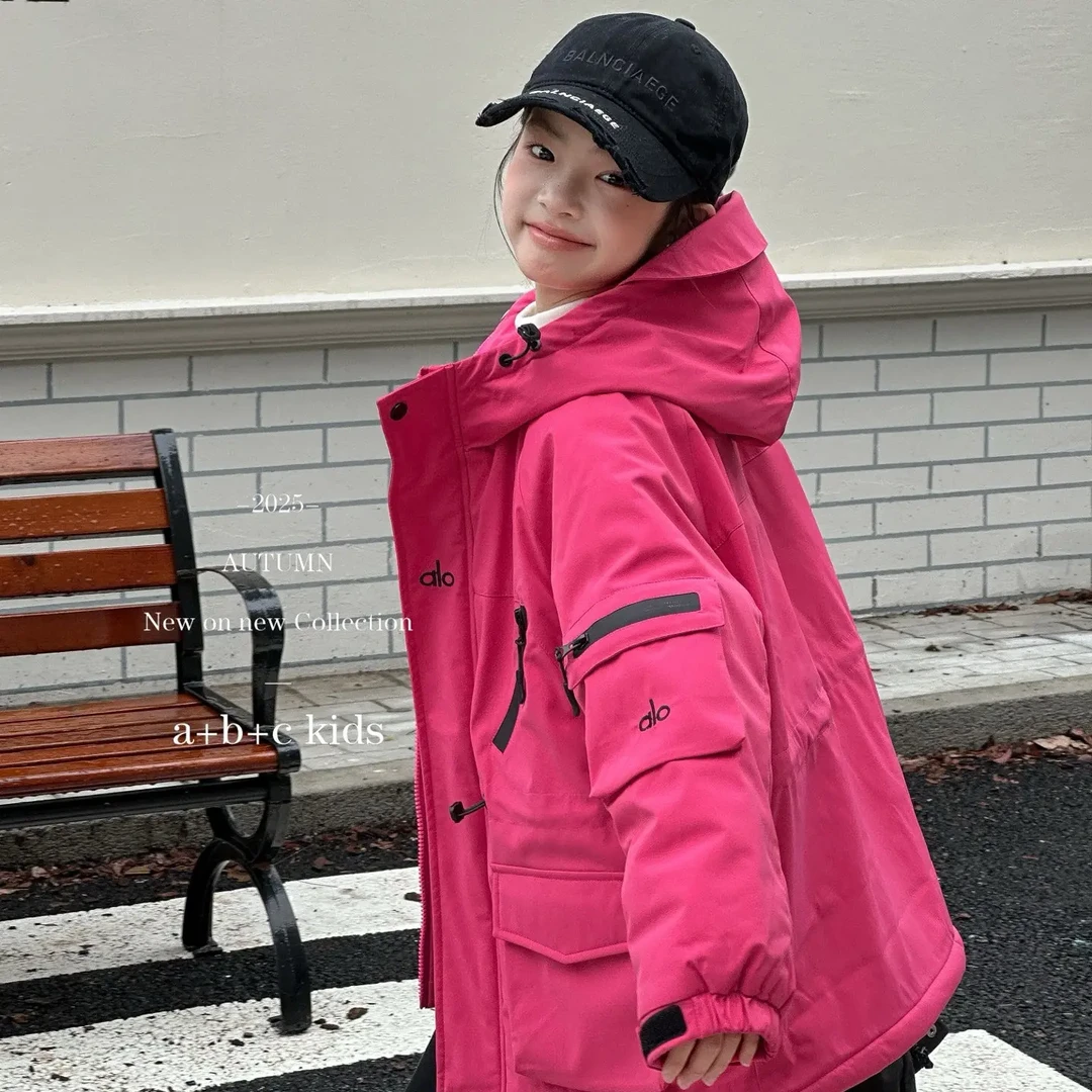 棉服纯色棉袄中长款连帽女童常规款休闲风厚款外套