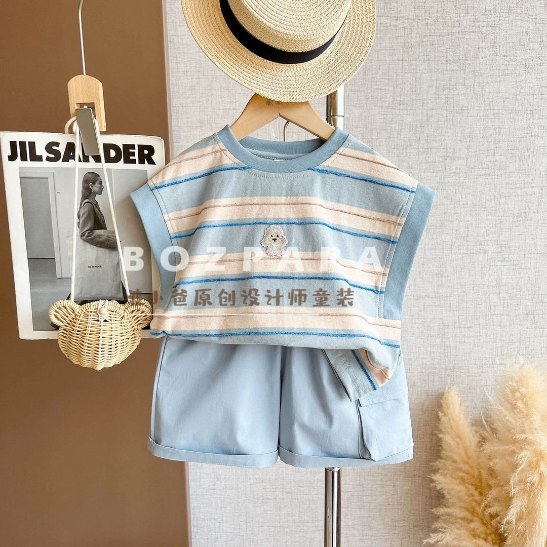 现货啵小爸【夏夜之蓝】2025夏季男童韩系休闲条纹设计无袖衬衫套装