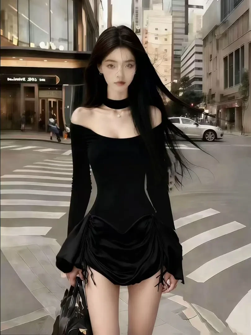 时尚氛围感辣妹风黑色一字肩露肩长袖修身收腰设计感小众连衣裙