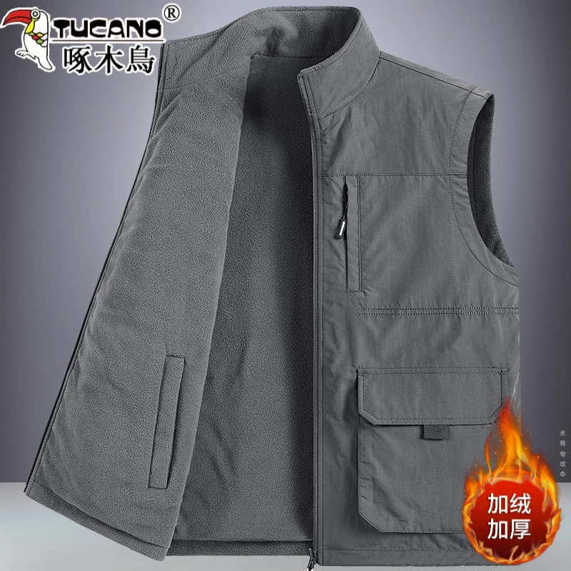 啄木鸟秋冬季双面穿休闲马甲男宽松大码立领坎肩加厚加绒保暖背心