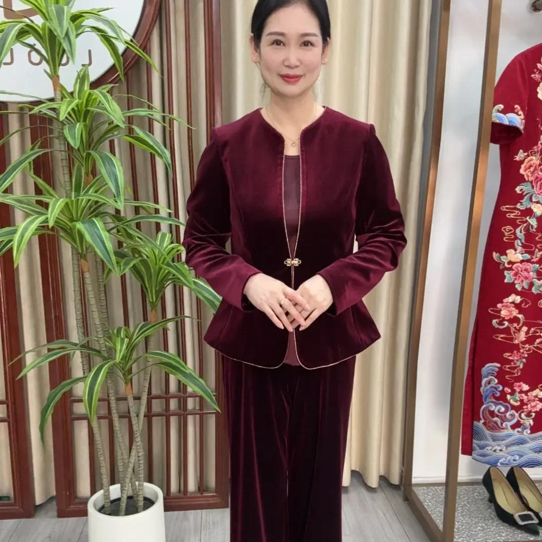 09082 朱紫褕秋季女装金丝绒立领西装上衣搭配裤子套装宴会礼服