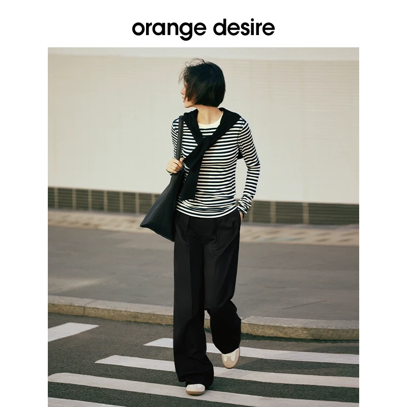 orange desire休闲松弛感紧身撞色条纹长袖T恤女春季OD2DSTE017