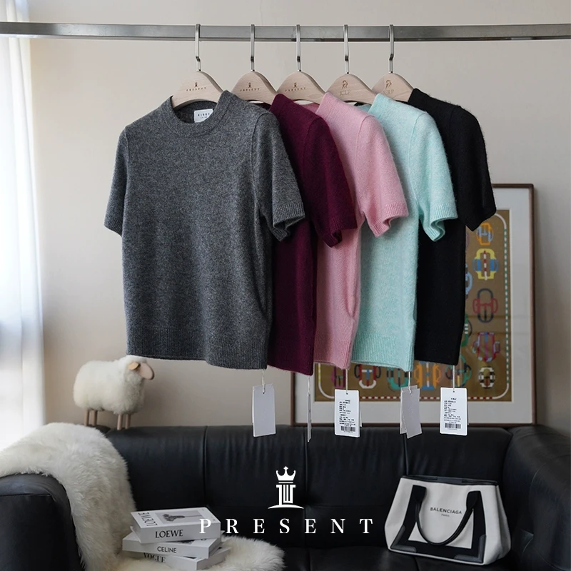 老宝娘家丨Ribbe丝羊绒简约拉绒感短袖针织衫上衣25早秋款女纯色