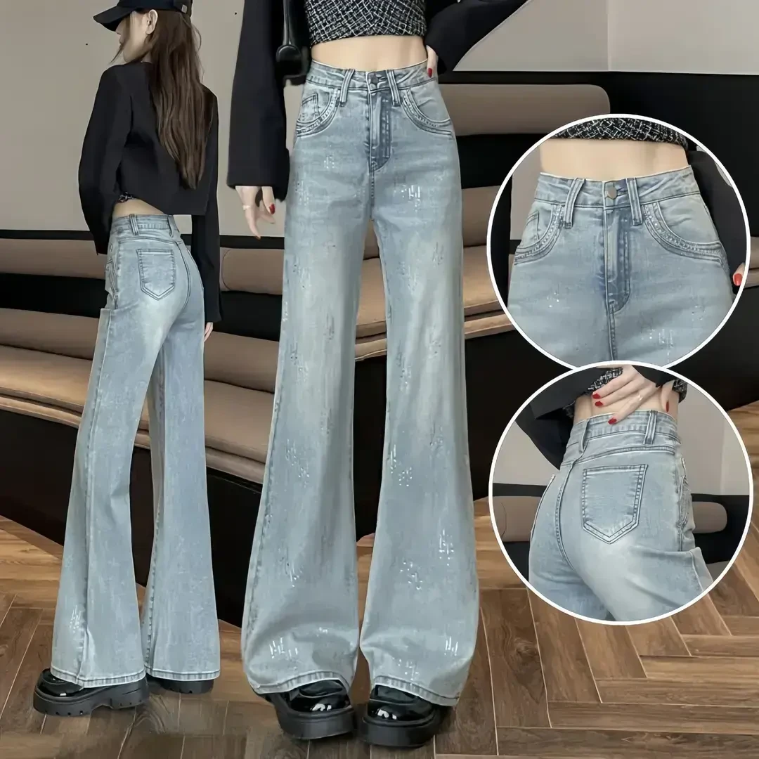 浅复古蓝烫钻微喇牛仔裤女春季2025年新款高腰显瘦遮跨弹力喇叭裤